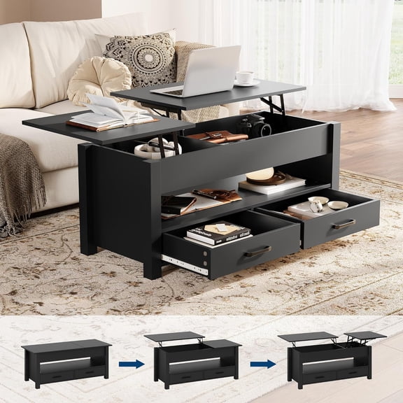 47.2In Lift Top Coffee Table with Hidden Storage and Drawers Modern Living Room Table Black