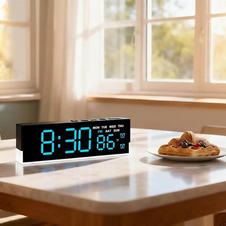 LED Digital Alarm Clock with Dual Alarms & Bottom Glow|Displays Time, Date, Day, Temperature|Auto/Manual Brightness, DST, USB or Battery Powered Desk Clock (Blue)