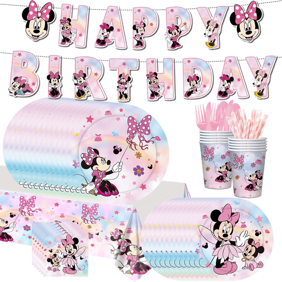 Mi-nn-ie Cartoon Pink Birthday Party Decoration Set Tropical Party Supplies with Tablecloth Banner Plates Cups Cutlery Birthday Themed Favors