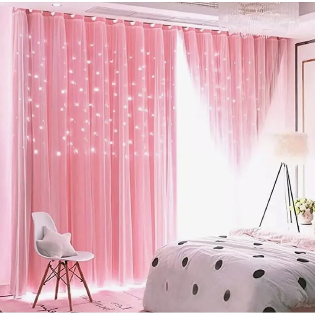 Cortina Blackout De 2 Panel Con Estrellas De 132x213cm Modelo Rosa