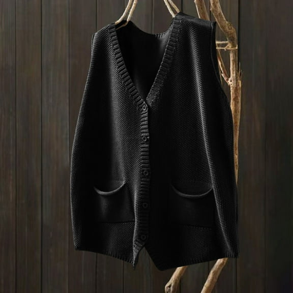Amidoa Womens Sweater Button up Black Cardigan Sleeveless Pockets Solid Knit Sweater Vests Cardigans for Women Trendy L