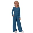 thumbnail image 2 of UACY Girl's 2 Piece Matching Lounge Set Long Sleeve Side Ruching Top Wide Leg Drawstring Pants Set with Pockets, 2 of 9