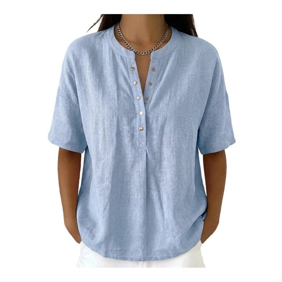 Women Tops V Neck Button Closure Short Sleeve Pullover Tops Pure Color Loose Fit Versatile Casual Commuter Shirt