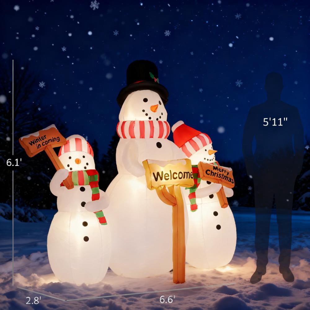 Three Snowmen Inflatable with Signs LED Lights Outdoor Yard Christmas Decoration