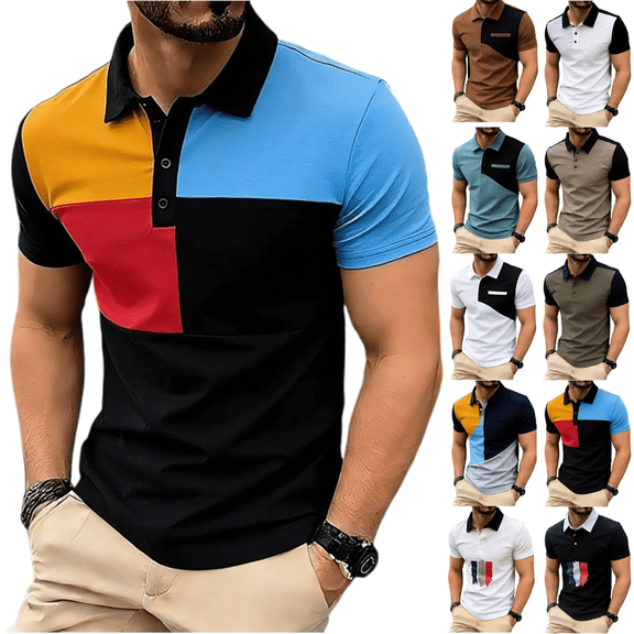 Jinhomg Color Block Polos Shirt for Men Fashion Business Short Sleeve Dress Shirts Stretch Fit Casual Golf Top with Chest Pocket Navy,M