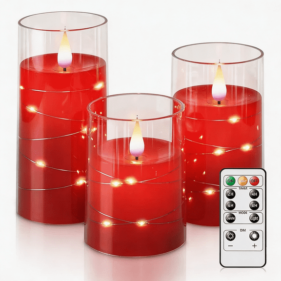 Homemory Flickering Flameless Candles with String Lights, Battery Operated Candles, Embedded String Lights LED Candles, Unbreakable Plexiglass Candles with Remote, Set of 3, Red