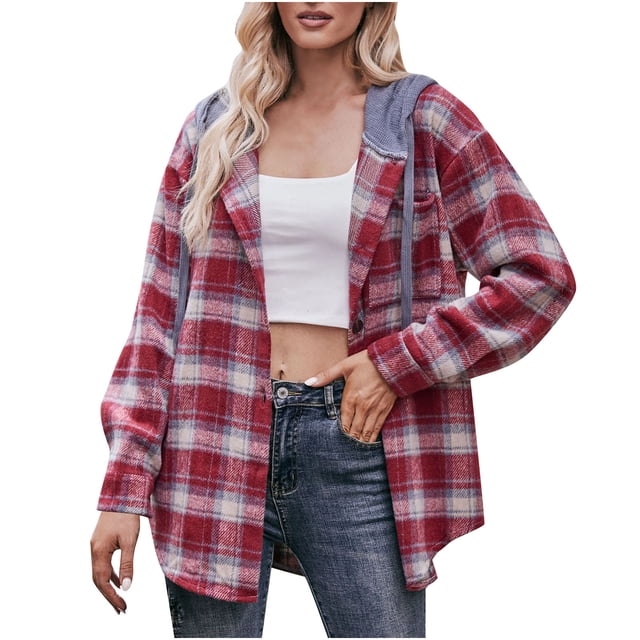 Pompotops Veste à Capuche Imprimée à Carreaux Mode Ample pour Femmes en Liquidation