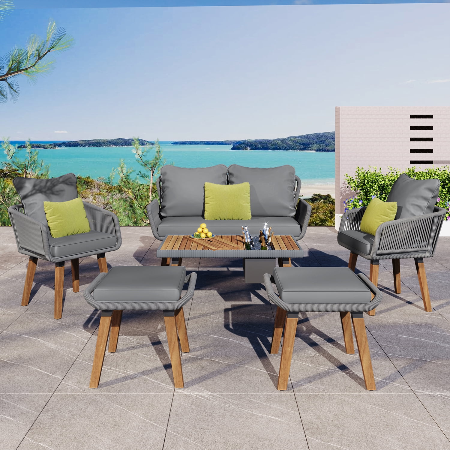 Aimee Lii Outdoor Patio Acacia Wood & Rope 6-Piece Furniture Set with Ice Bucket, Patio Conversation Set with Ottomans, Gray
