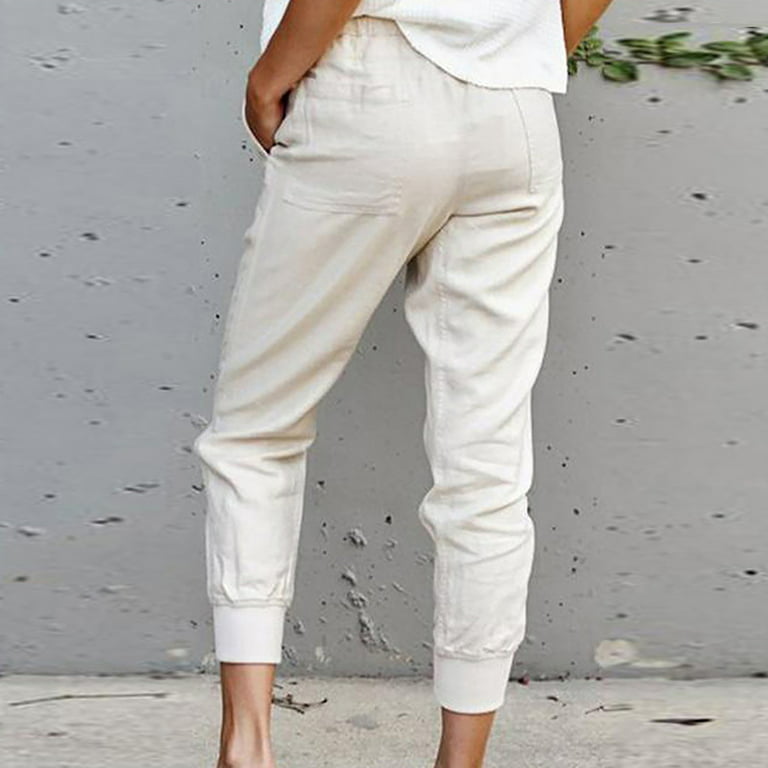 YWDJ Dressy Joggers for Women Women Casual Solid Cotton Linen Drawstring  Elastic Waist Calf Length Pencil Pants White M 