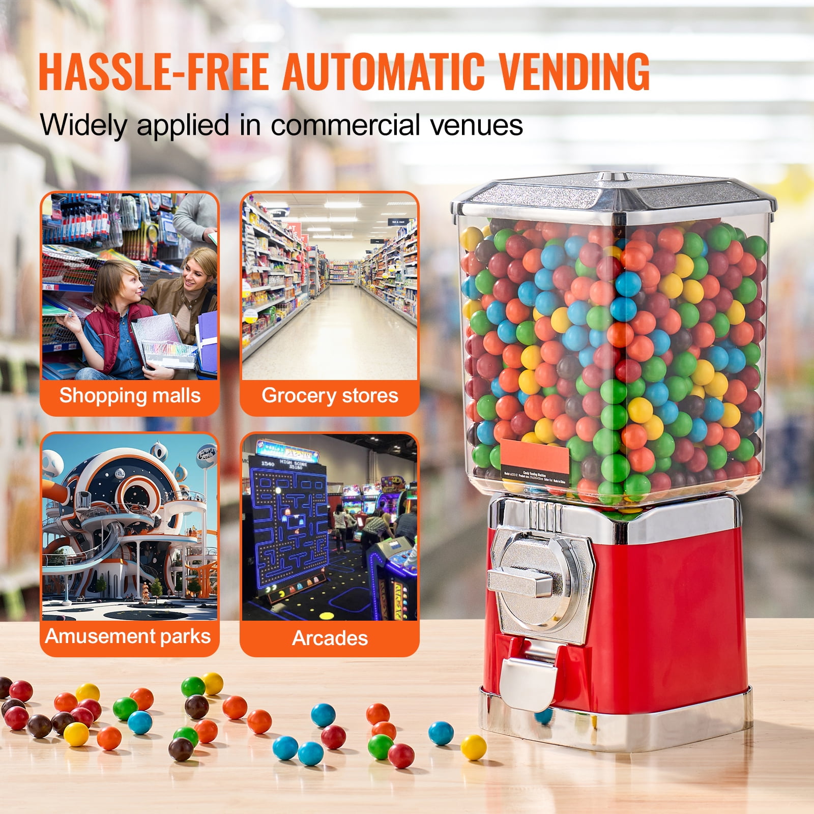 KFFKFF 17" Tall Gumball Machine for Kids, Coin-Operated Candy Dispenser, Durable PC Bubble Gum Vending Machine for Toys, Capsules, Bouncy Balls, and Sweets, Red