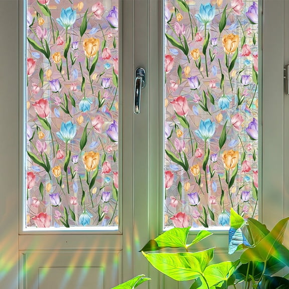 Tulips Stained Glass Window Privacy Film,Removable Non-Adhesive Privacy Windows Film,16"x39",1PC