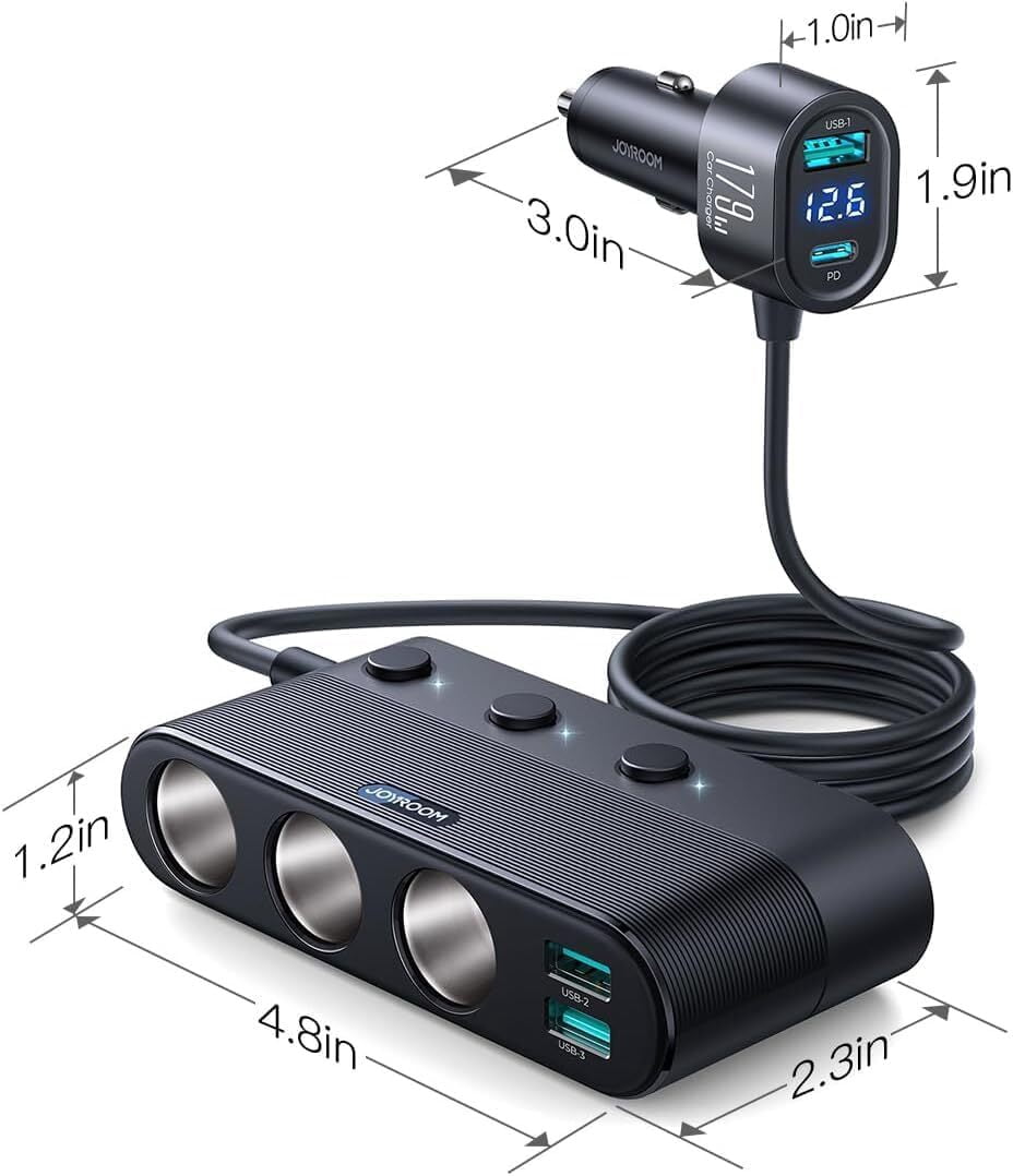 JOYROOM 7 in 1 Cigarette Lighter Adapter, PD 30W Fast Charging USB Car Charger Adapter, 24V/12V Cigarette Lighter Splitter with Independent Switches & LED Voltage Display