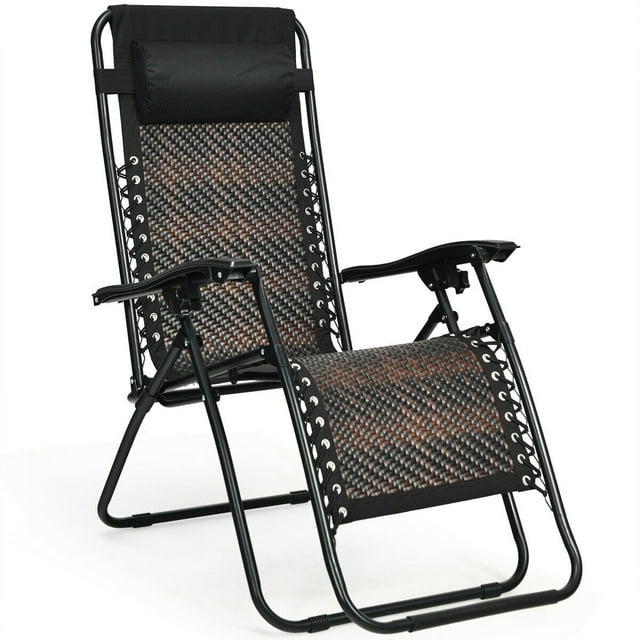 Patiojoy Fauteuil Inclinable Pliant de Patio en Rotin Brun Mélangé à Gravité Zéro avec Appuie-Tête