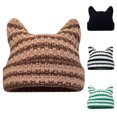 thumbnail image 3 of Xfvqtps Womens Beanie Y2K Cute Cat Ear Devil Horn Knitted Crochet Stripe Cuffed Windproof Coldproof Warm Fall Winter Soft Skull Cap White, 3 of 3