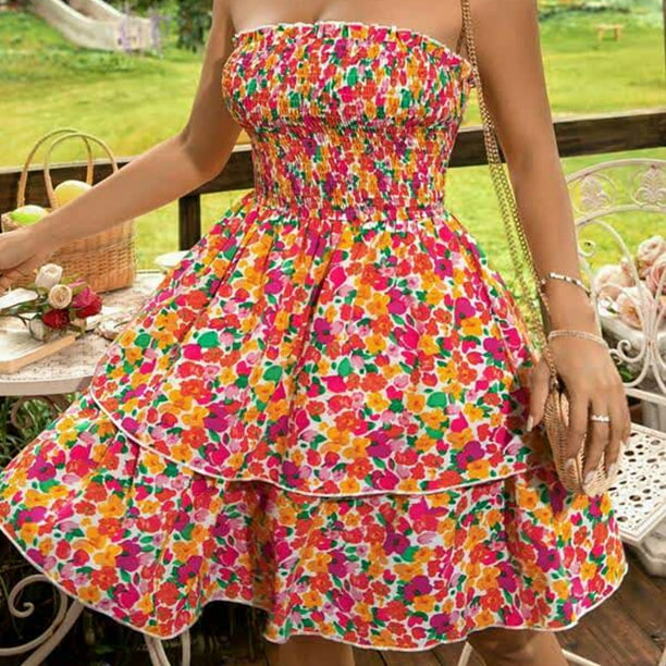 Vestido Corto De Verano Vestido ajustado con estampado floral con hombros descubiertos Traje de playa para mujer (Multicolor S) Cgtredaw para Mujer Multicolor T XL