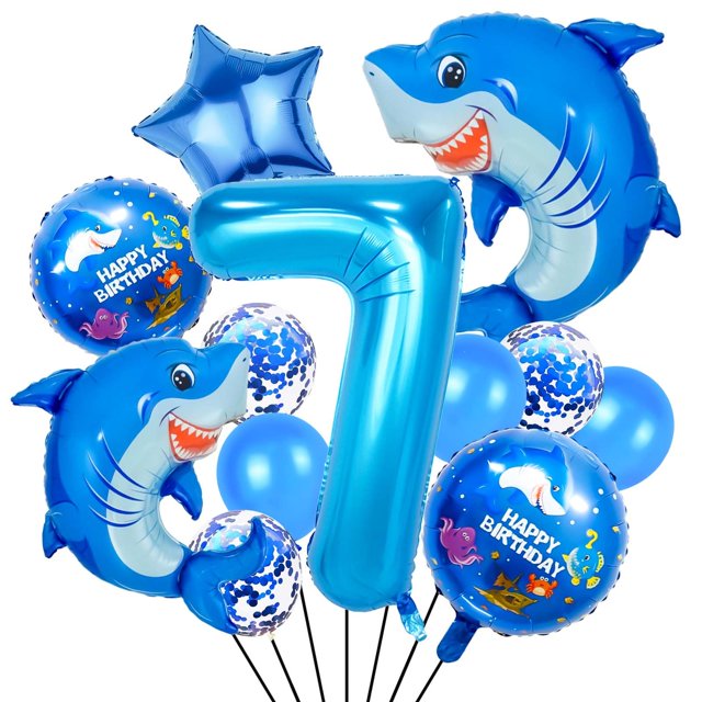 Set de globos Woizoeiy, 40 cm, 7 números, con forma de tiburón azul, para fiesta
