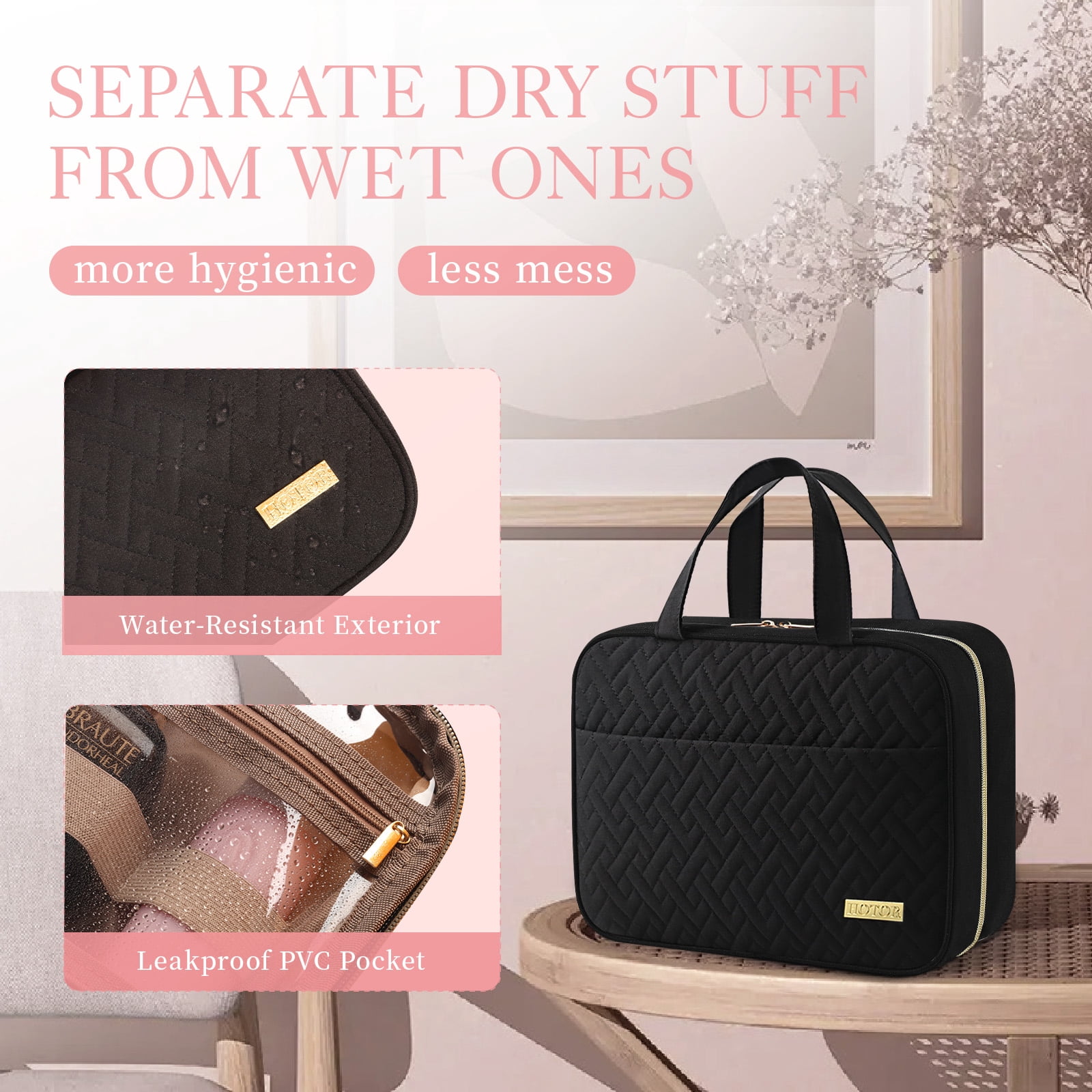 HOTOR Travel Toiletry Bag for Women & Men, Spacious Hanging Hook Makeup Bag for Travel Size Toiletries, Black