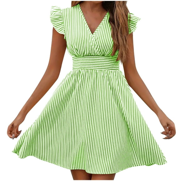 Staron Green Womens Summer Dress Clearance Under $10 Wrap V Neck Ruffle Sleeve Elastic Waist A-Line Dress Striped Flowy Mini Sundresses Party Beach Dresses XXL