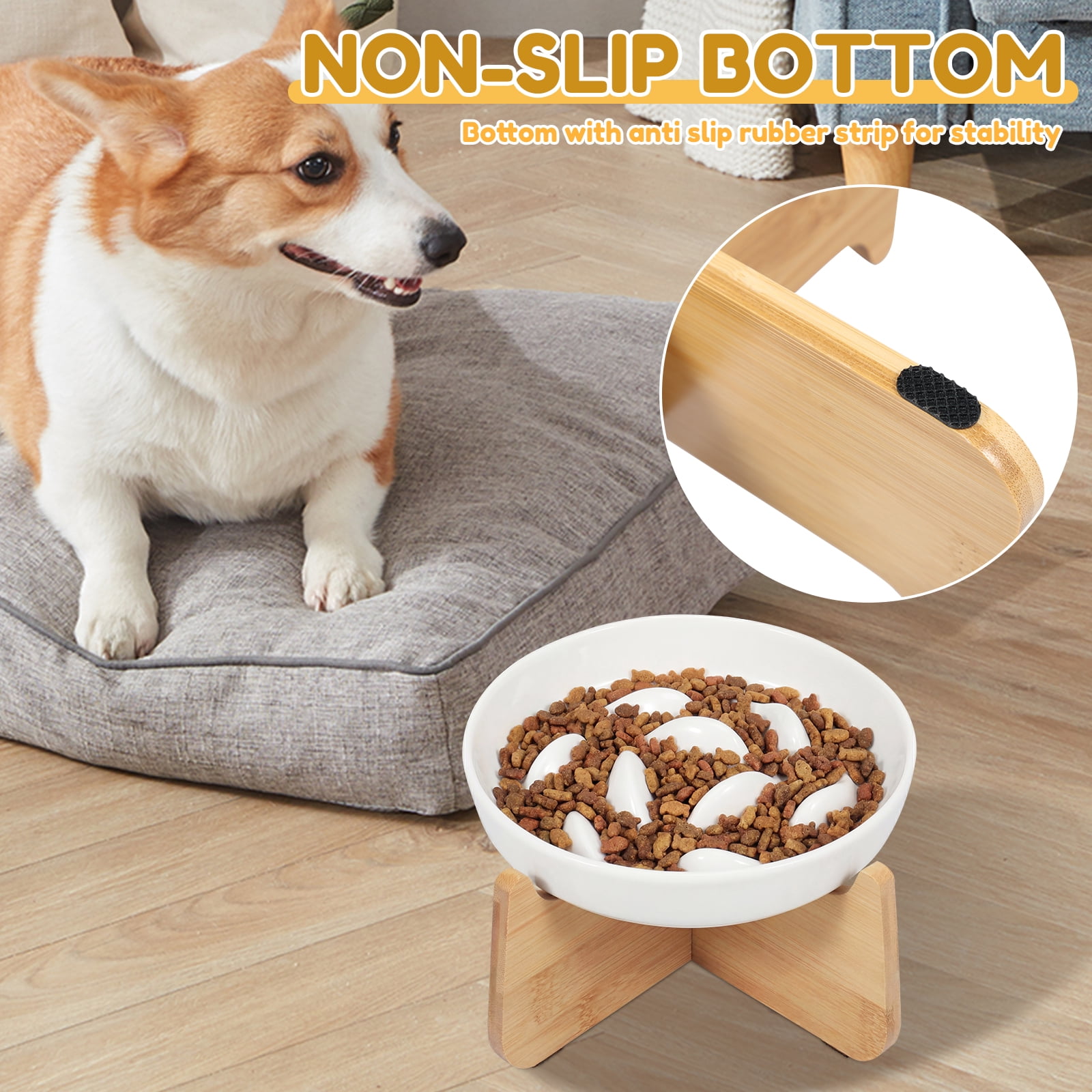 2Pcs Slow Feeder Cat Bowl with Wooden Stand Anti Vomiting and Non Slip Ceramic Raised Pet Food Bowl for Cat and Small Dog