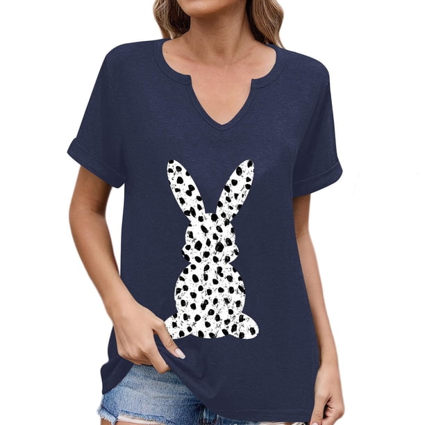 Corto para las Mujeres Casual Verano 2025 Pascua Impresión V-Cuello Camiseta, Ligero 95% Poliéster 5% Spandex Top para Toda la Temporada Hogar Y Diario