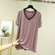 thumbnail image 1 of Pijama de manga corta para mujer, moda, talla grande, cuello en V, color liso, encaje, cuello en V, camiseta de manga corta, abrigo para casa, blusa de poliéster para mujer, 1 of 3