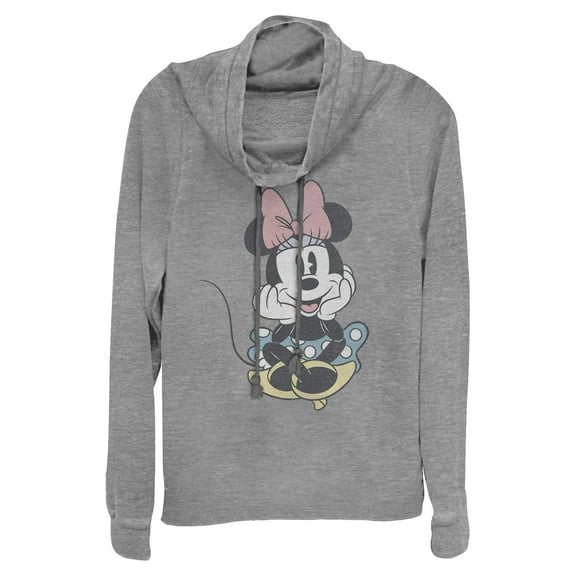 Juniors Mickey & Friends Distressed Minnie Mouse Sitting Cowl Neck Sweatshirt