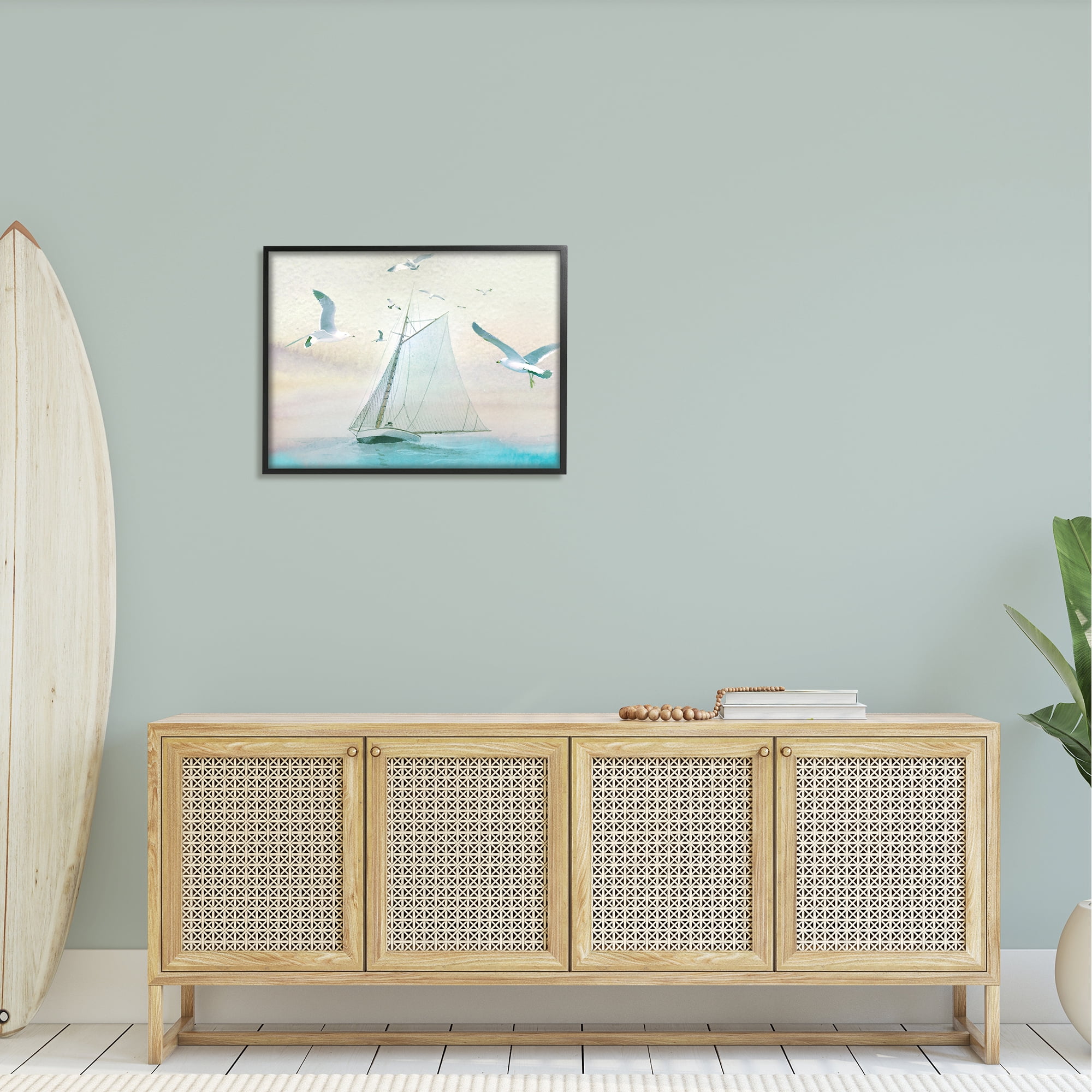 Stupell Seagulls Flying Ocean Sailboat Landscape Painting Black Framed Art Print Wall Art