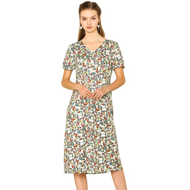 Vestidos Midi Elegantes Estampado Floral De Primavera Cuello En V Mangas Cortas Casual Para Mujeres Blanco XS Unique Bargains Vestido