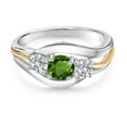 thumbnail image 2 of Gem Stone King 925 Sterling Silver and 10K Yellow Gold Round Green Chrome Diopside and White Lab Grown Diamond 3 Stone Ring for Women (1.04 Cttw, Available in Size 5, 6, 7, 8, 9), 2 of 3