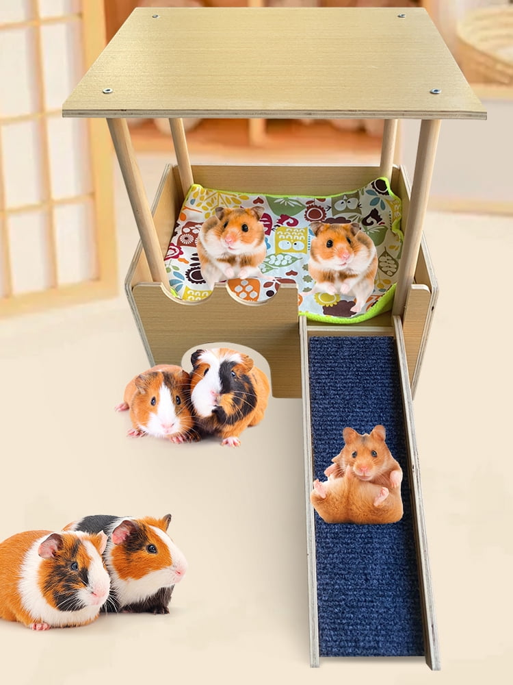 Qiyester Guinea Pig Castle Wooden Hamster House Animal  Hideout Habitat with Stairs for Chinchilla Hedgehog Rabbit Bunny