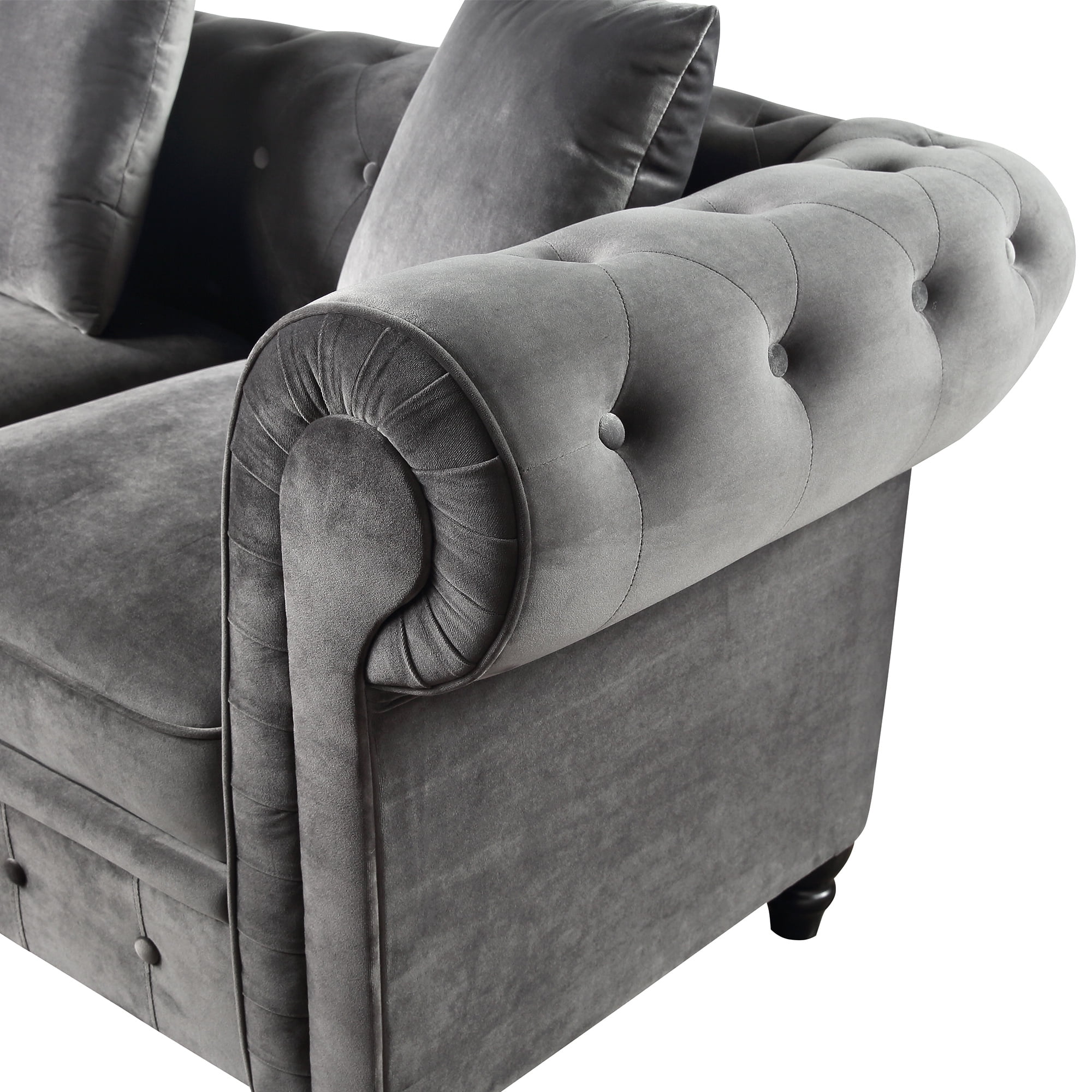 Kepooman Tufted Velvet Upholstered 3 Seat Sofa with 3 Pillows, Gray Kepooman Tufted Velvet Upholstered 3 Seat Sofa with 3 Pillows, Gray