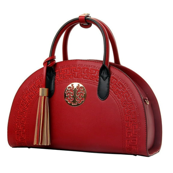 Narrster Women's Vintage Chinese Style Tote Handbag with Tassel, Elegant Shell Shoulder Bag in Wine Red