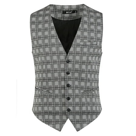 Men Plaid Dress Vest Slim Fit V-Neck Business Suit 5 Button (Best Slim Fit Suit Brands)
