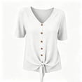 thumbnail image 5 of Lindreshi Cotton Linen Tops for Women Summer V Neck Short Sleeve Button Up Shirt With Front Placket and Lace Up Top, 5 of 8