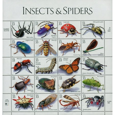 Insects and Spiders, Full Sheet of 20 x 33-Cent Postage Stamps, USA 1999, Scott 3351