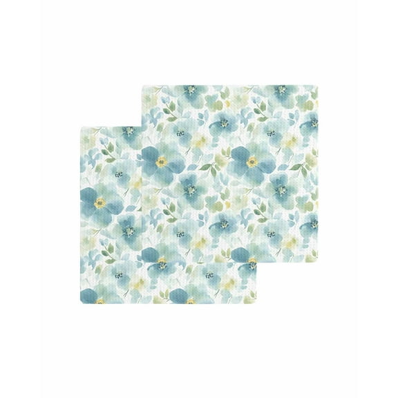 Teal Blue Flower Kitchen Dish Towels for Drying Dishes Set of 2, Abstract Garden Botanical Leaves Waffle Weave Microfiber Terry Hand Tea Bathroom Towels Quick Dry & Absorbent Towel 12x12