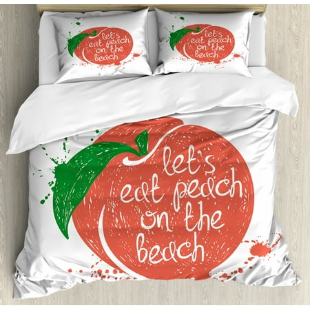 Peach King Size Duvet Cover Set Soft Fruit Design With Stem And
