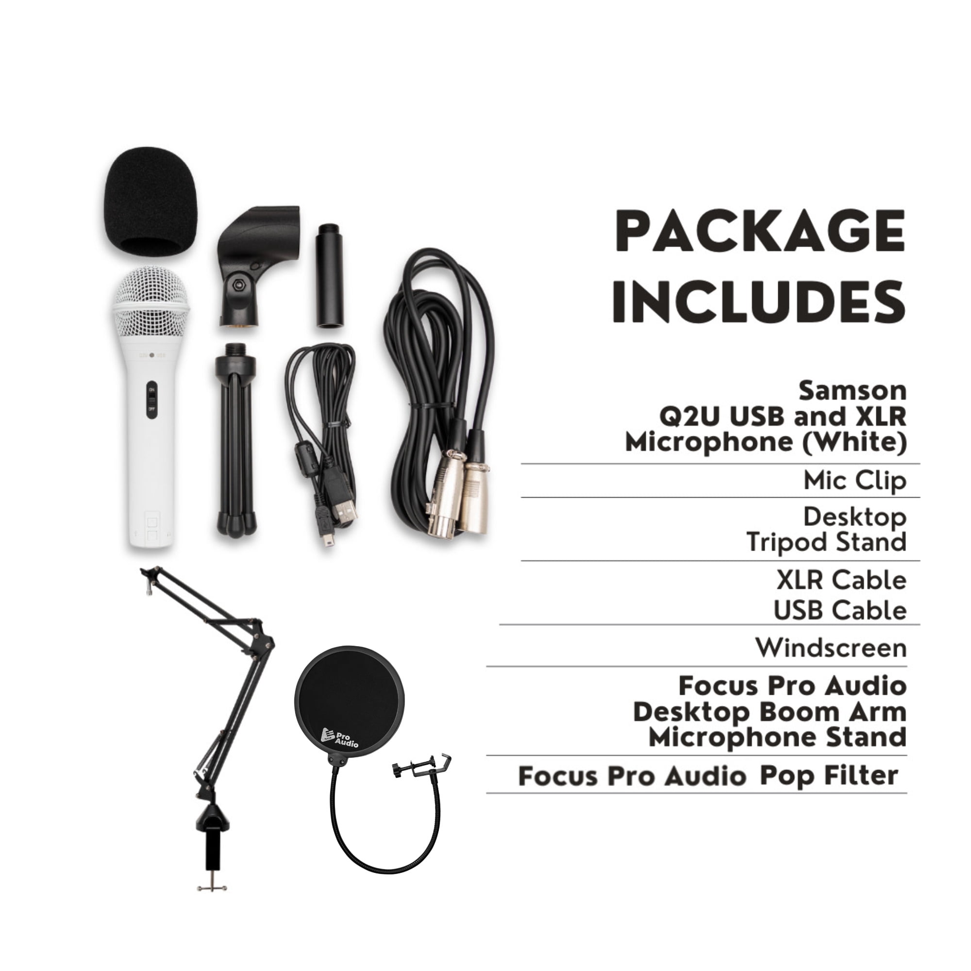 Samson Q2U USB and XLR Handheld Dynamic Microphone with Cardioid Polar Pattern (White) Bundle with Desktop Boom Arm Microphone Stand and Pop Filter for Broadcasting and Recording Microphones