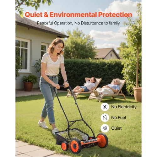 18 Inch Manual Push Lawn Mower, 5 UNS1566 Steel Blades Reel Mower, 1.37–2.44" Adjustable Cutting Height with Grass Catcher
