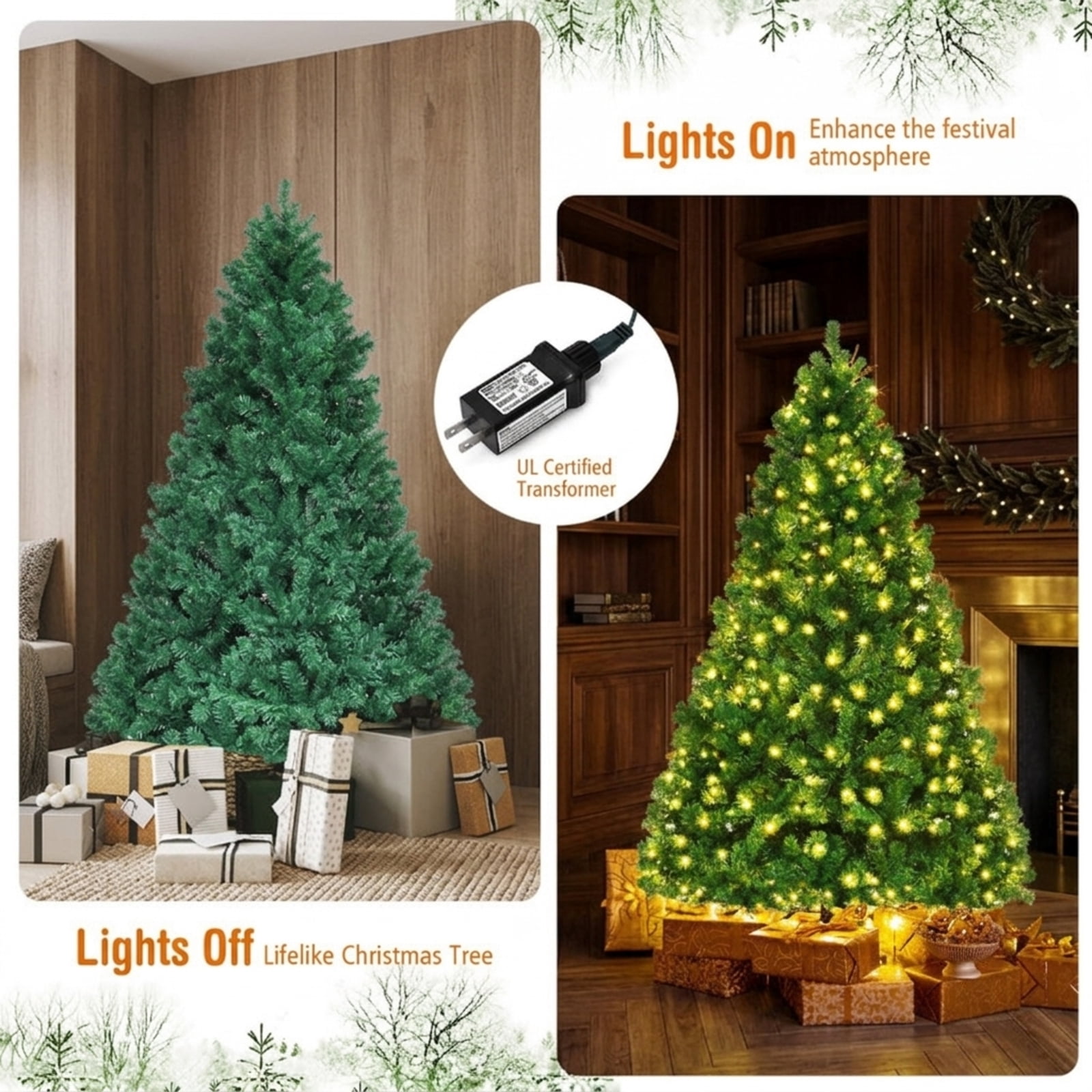 RUIE, 7.5 ft, Pre-Lit Artificial Christmas Tree, Tall Pre-Lit Christmas Tree, 1346 Branch Tips, Green, Hinged Branches for Christmas Party Living