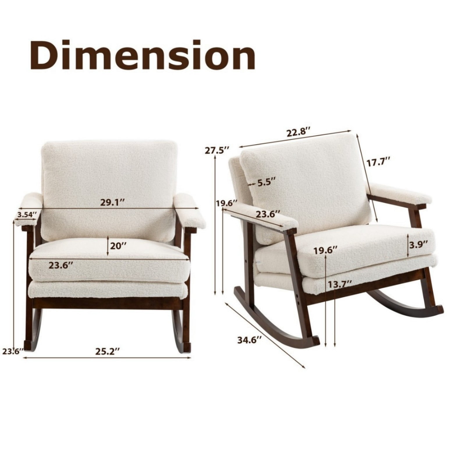 Mid-Century Modern Rocking Accent Chair with Wood Frame, Upholstered Reading Armchair with Waist Cushion, High-Density Foam Lounge Chair for Living Room, Bedroom, Sunroom, Antique White