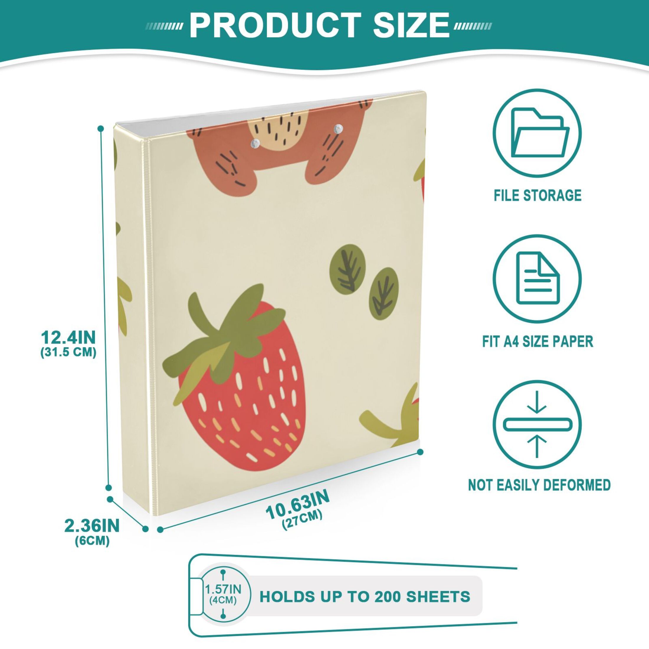 Bear and Strawberry 3 Ring Binders 1.5 inch Hardcover File Folders with Interior Pockets A4 Size Organizer for School Office Hospital