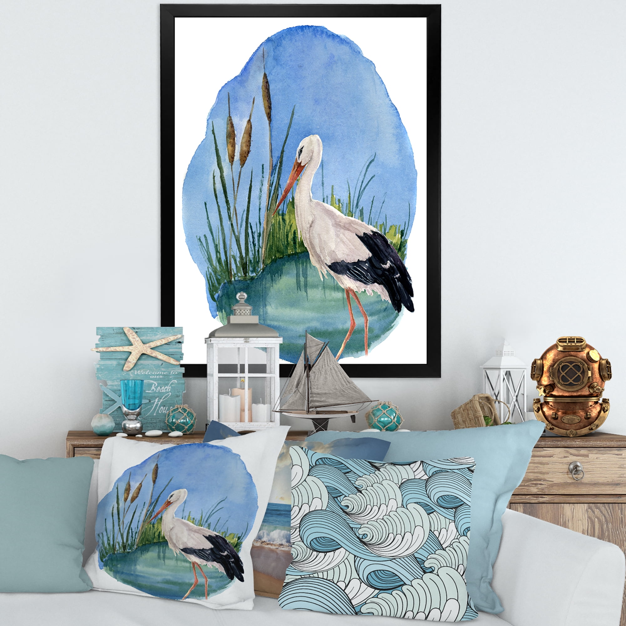 Designart 'White Stork On The Swamp Blue' Traditional Framed Art Print
