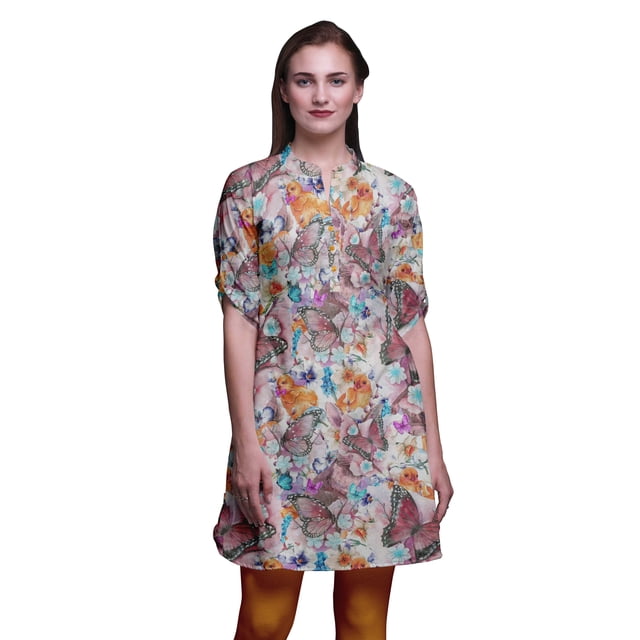 Bimba Kurtis Court pour Dames Imprimé Col Mandarin Robe à Manches Retroussables