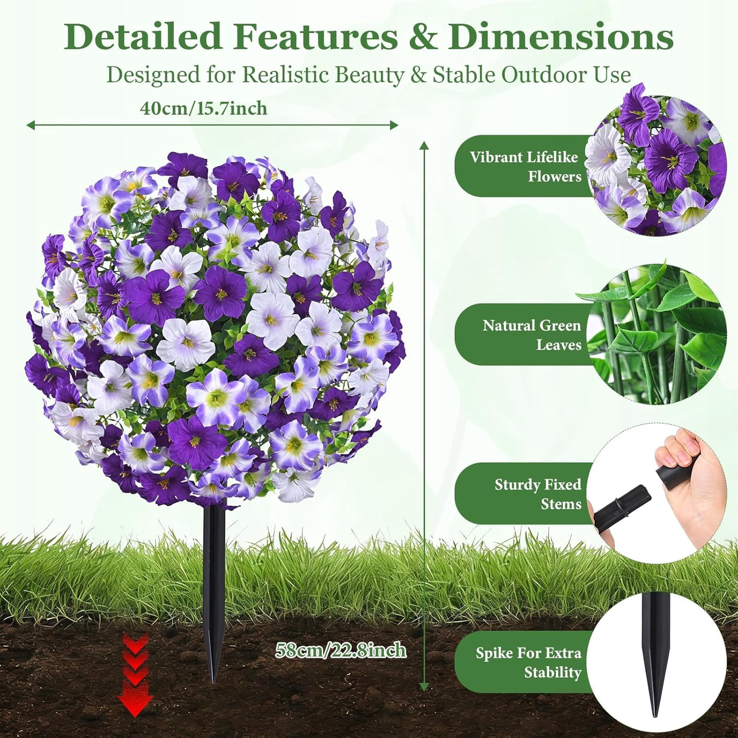 Yastouay 2 Packs Artificial Flowers Topiary Balls with Ground Spikes,23 Inch UV Resistant Faux Boxwood with Petunias Flowers for Outdoor Garden Decor(Mixed Purple)