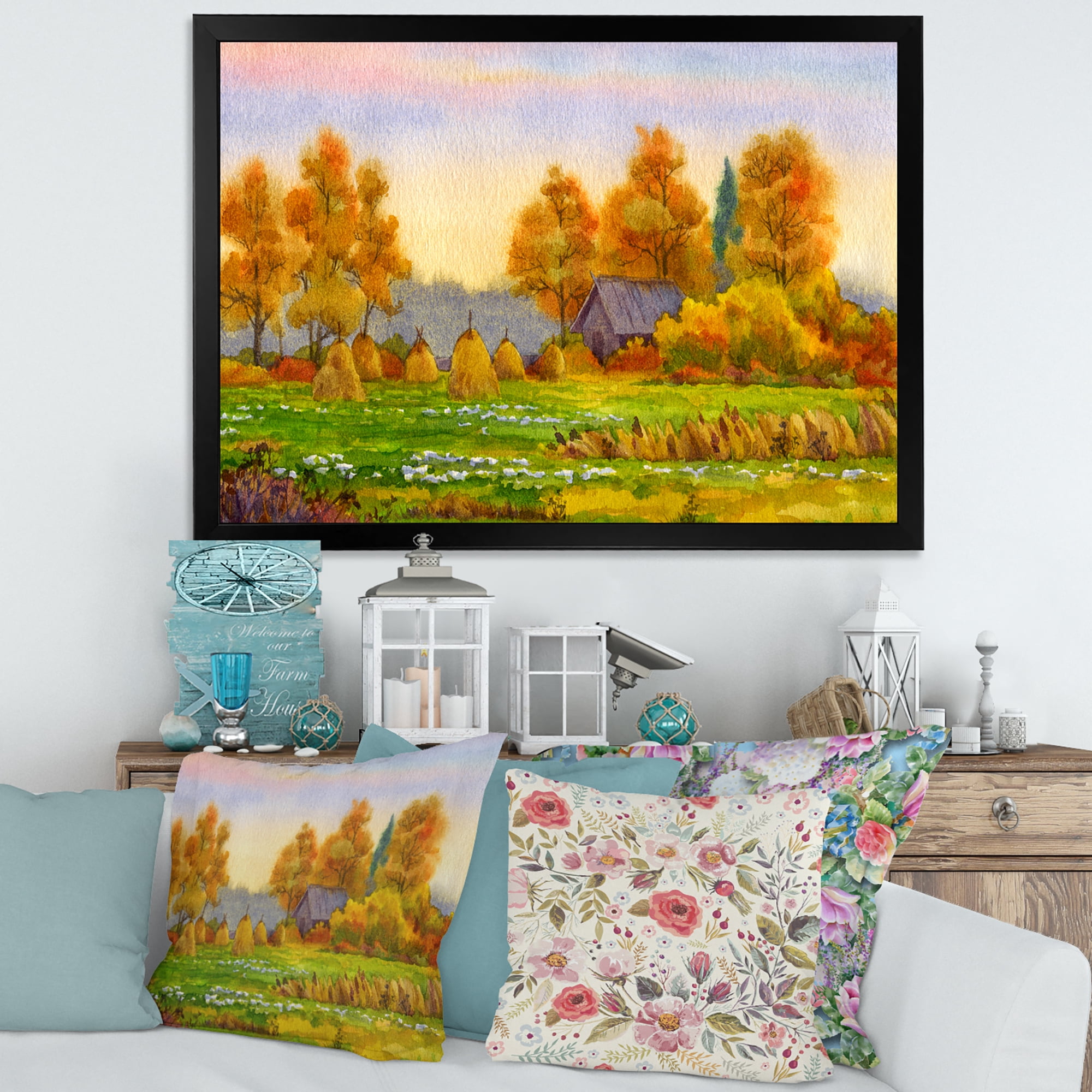 Designart 'Orange Fields With Haystacks I' Lake House Framed Art Print