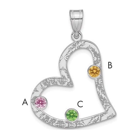 Sterling Silver 3 Birthstone Heart with Bezel Family Pendant Charm