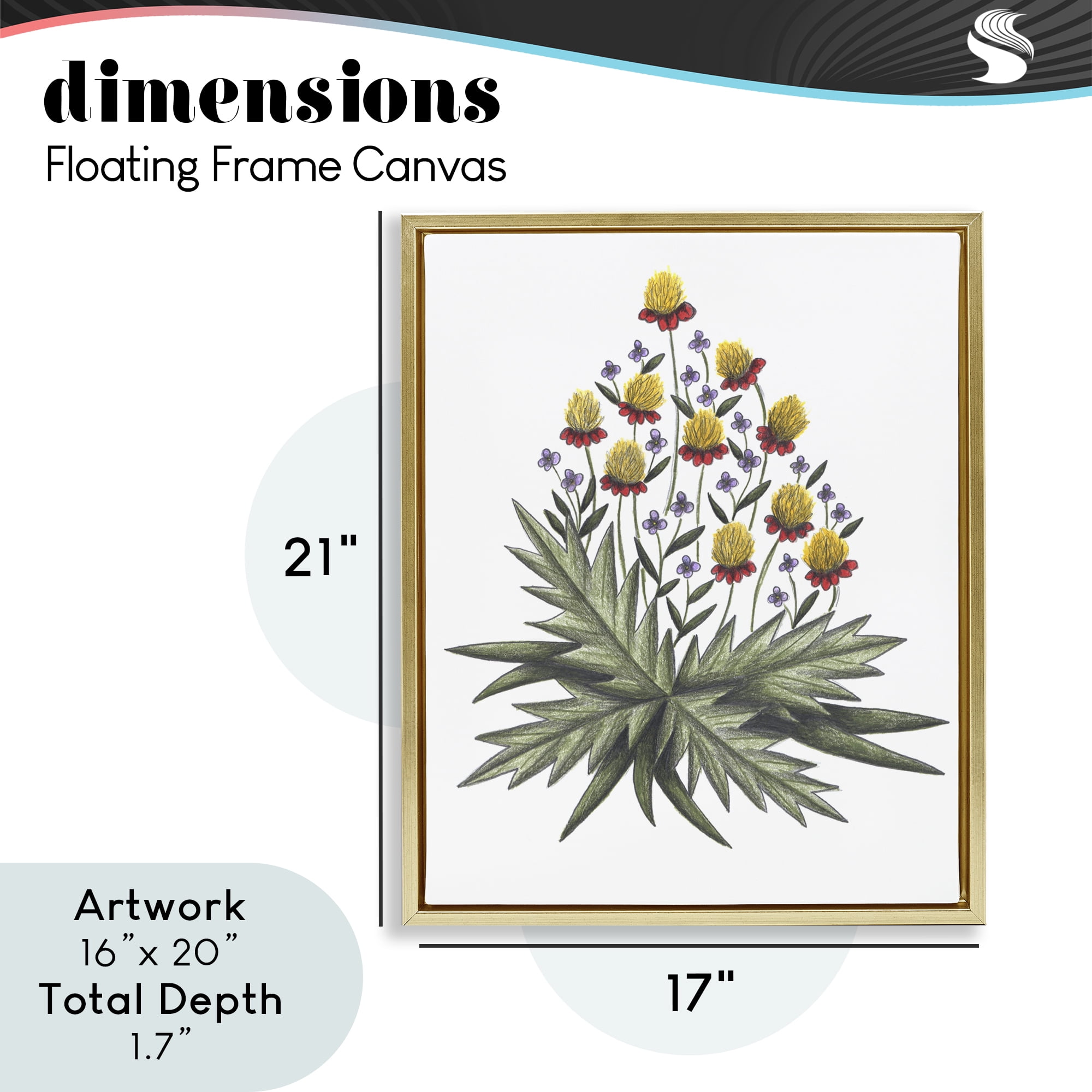 Yellow Leafy Wild Flowers Gold Framed Floater Canvas Wall Art, design by Cecilia Battaini