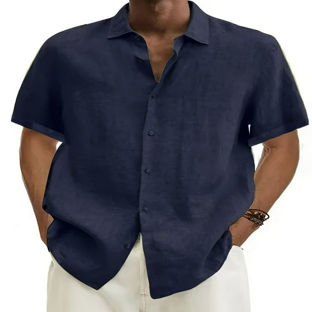 Men‘s Linen Casual Short Sleeve Shirts Button Down Summer Beach Shirt,M Light Blue