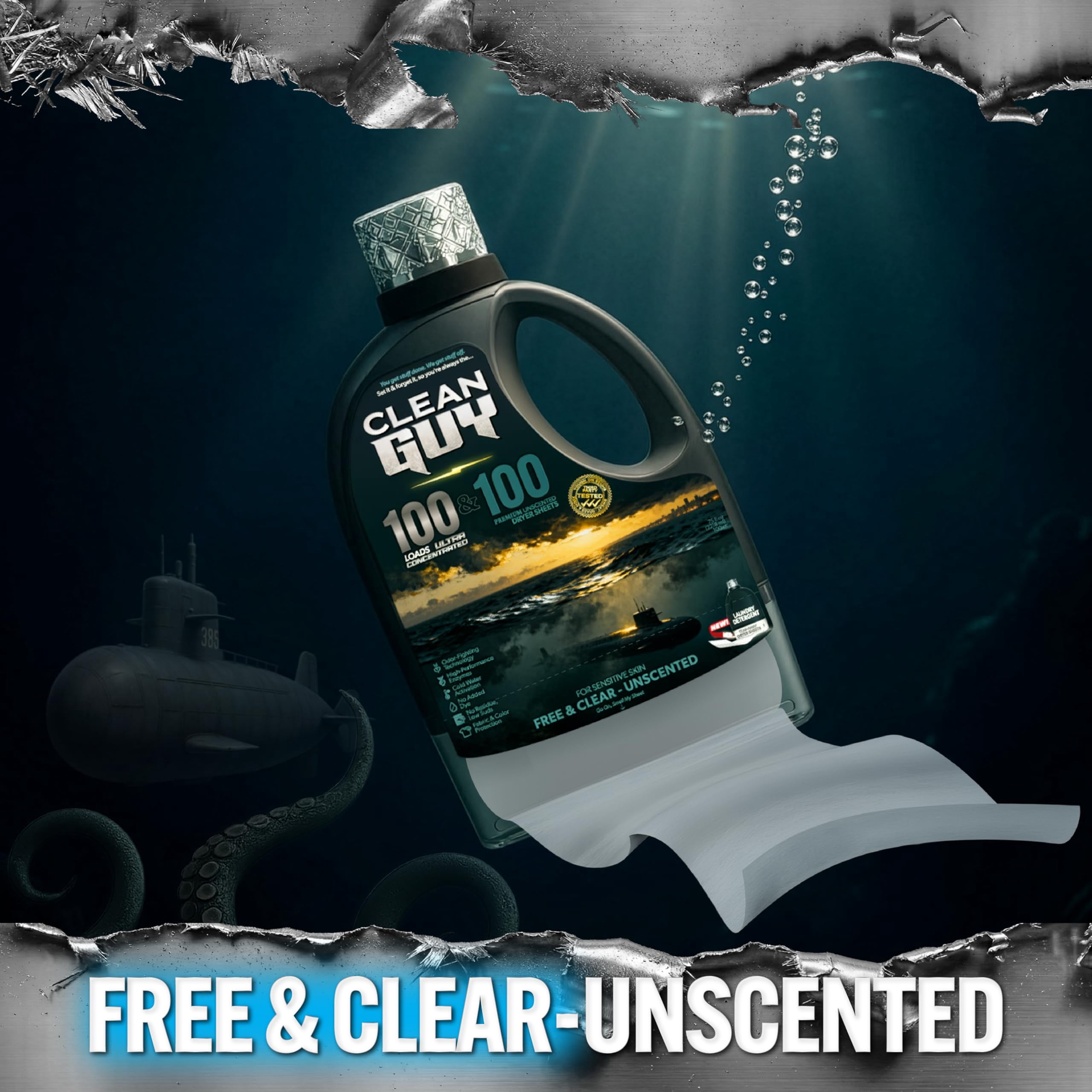 Clean Guy Laundry Detergent with Dryer Sheets , Unscented & Gentle, Sensitive Skin Safe, Deep Cleaning Power, Softens Clothes Without Fragrance - Free & Clear (100 Loads PLUS 100 Dryer Sheets)